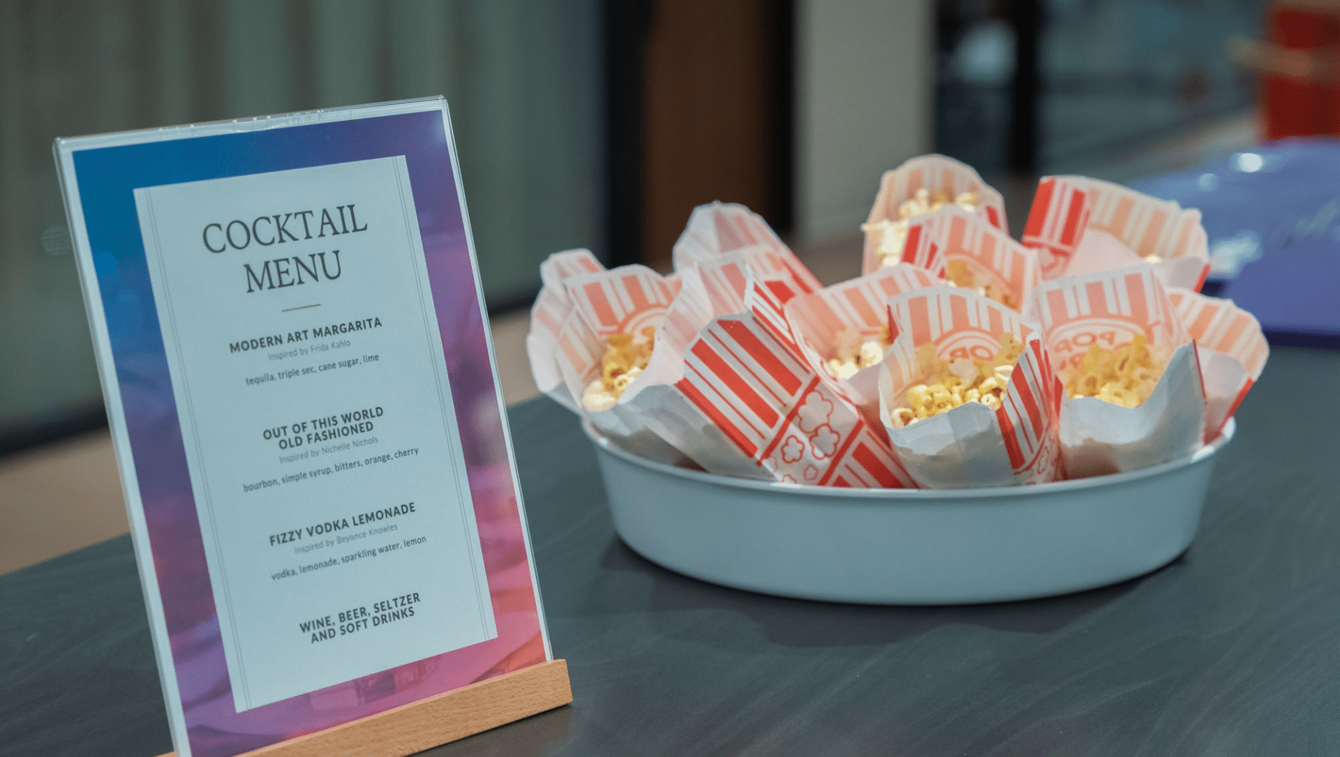 cocktail menu and popcorn