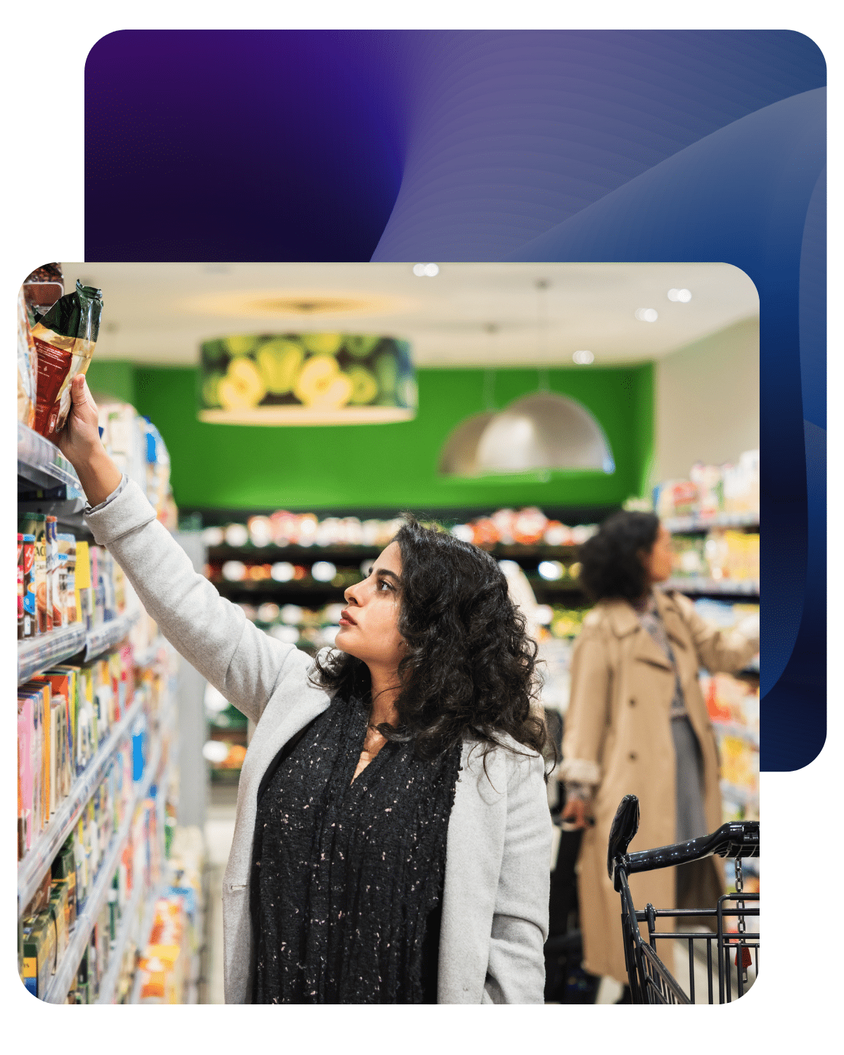 woman picking item off market shelf leading through change