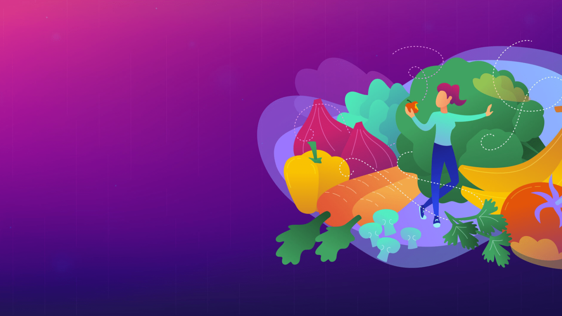 Illustration of a person surrounded by fresh produce including bananas, carrots, broccoli, tomatoes, peppers, and lettuce, set against a vibrant purple background